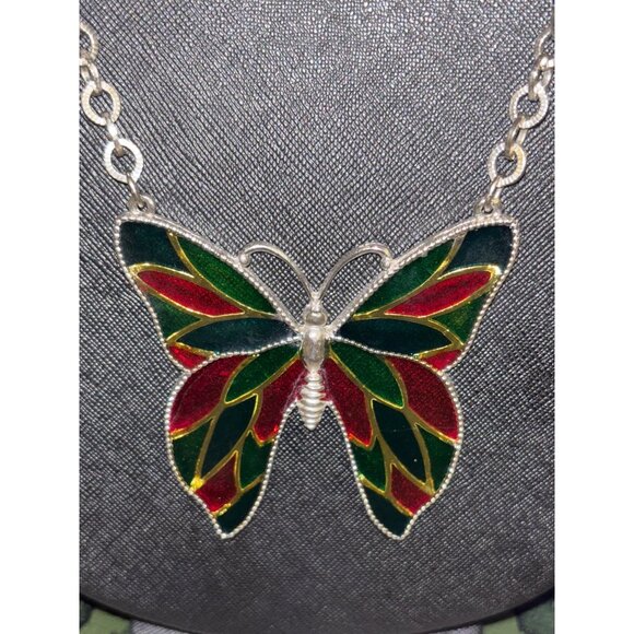 Silver Butterfly Suncatcher Necklace With Red & Green Stained Glass Design On Ch - Picture 2 of 12